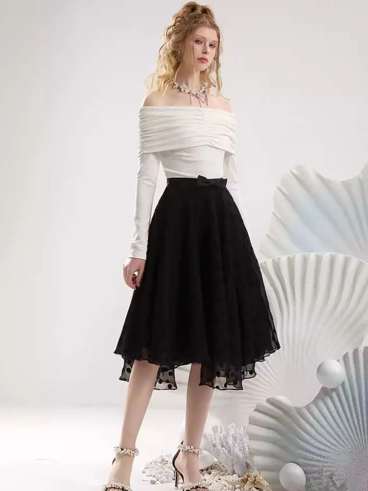 One shoulder white blouse flocking half skirt【s0000007295】