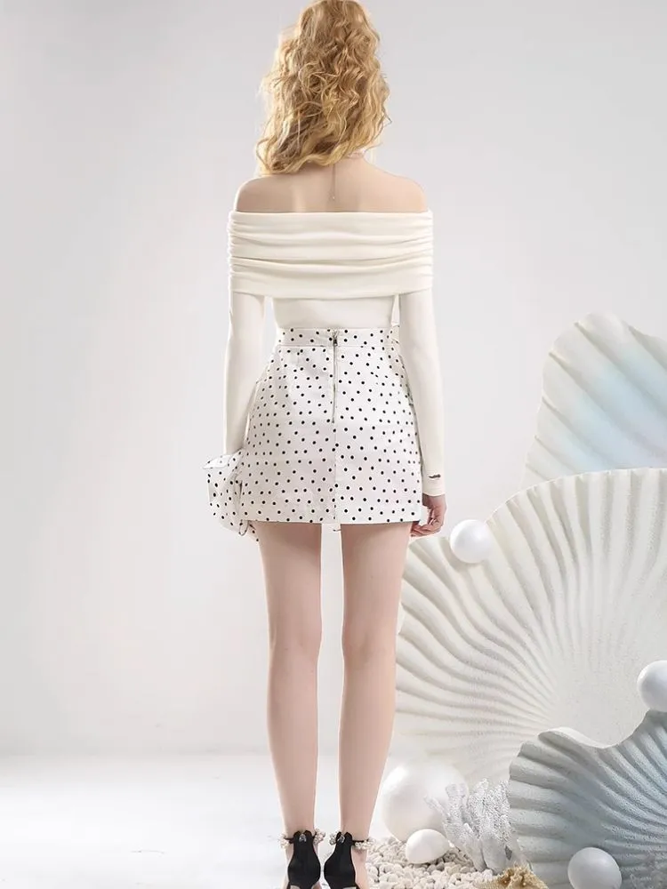 One shoulder white blouse flocking half skirt【s0000007295】