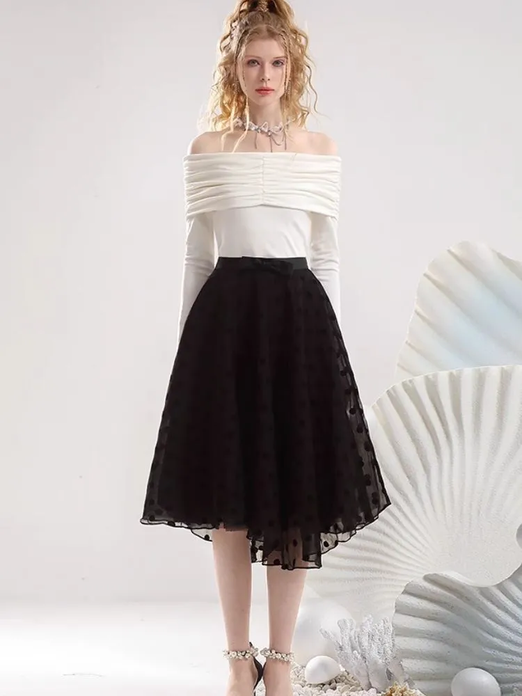 One shoulder white blouse flocking half skirt【s0000007295】