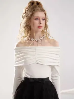 One shoulder white blouse flocking half skirt【s0000007295】
