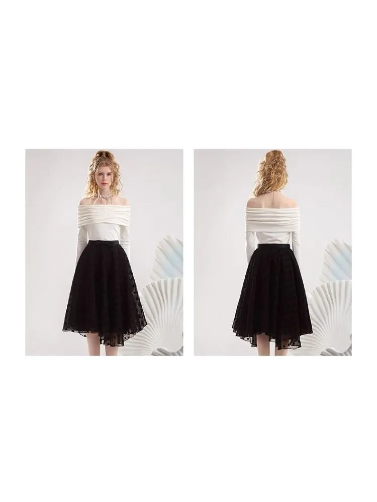 One shoulder white blouse flocking half skirt【s0000007295】