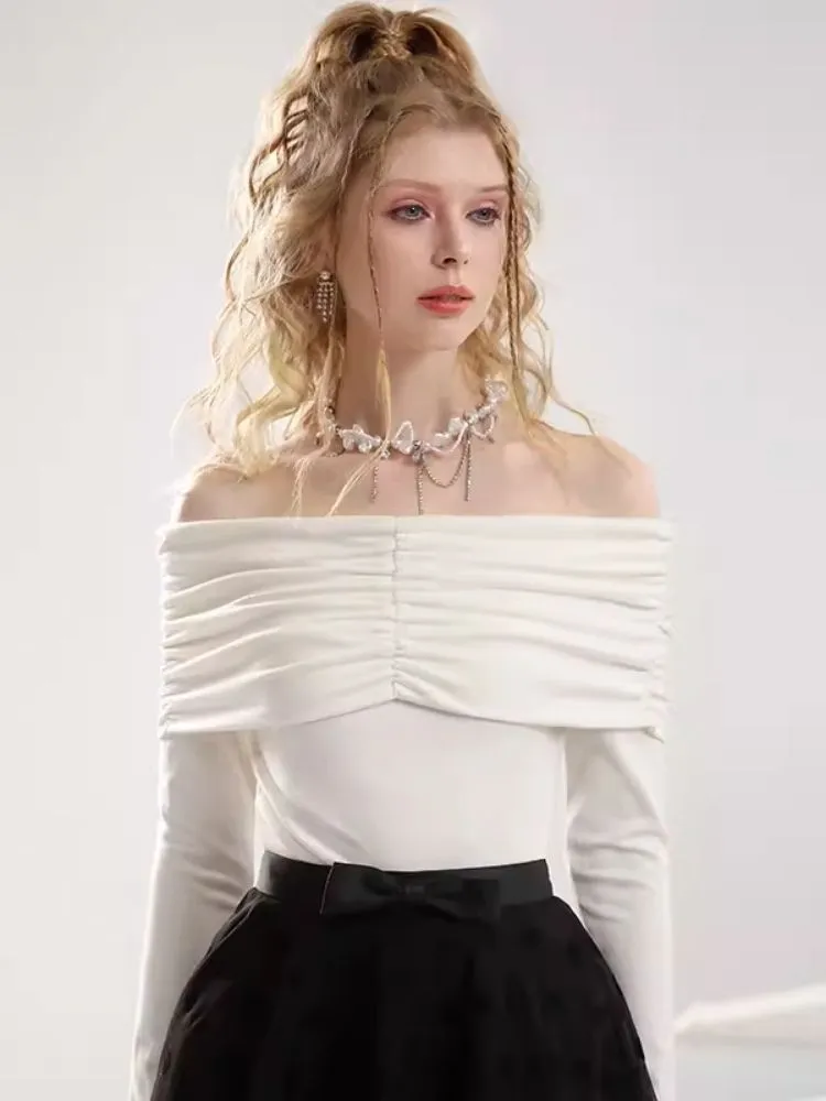 One shoulder white blouse flocking half skirt【s0000007295】