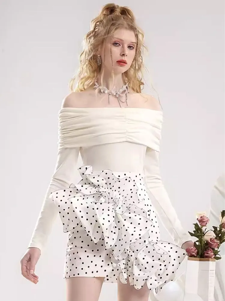 One shoulder white blouse flocking half skirt【s0000007295】