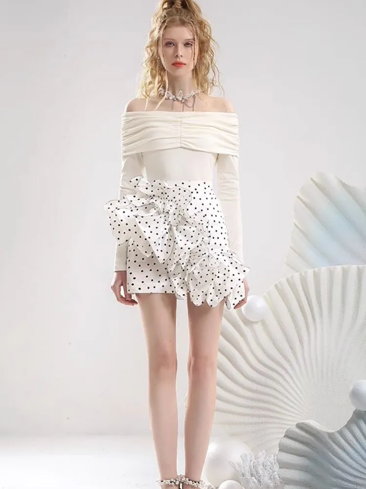 One shoulder white blouse flocking half skirt【s0000007295】