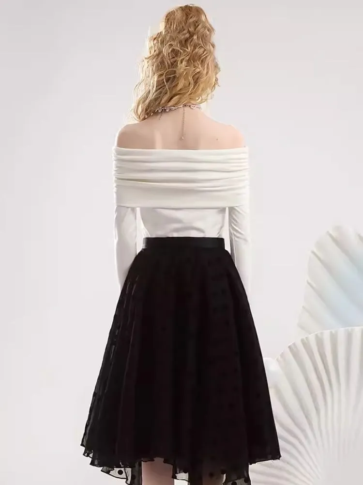 One shoulder white blouse flocking half skirt【s0000007295】