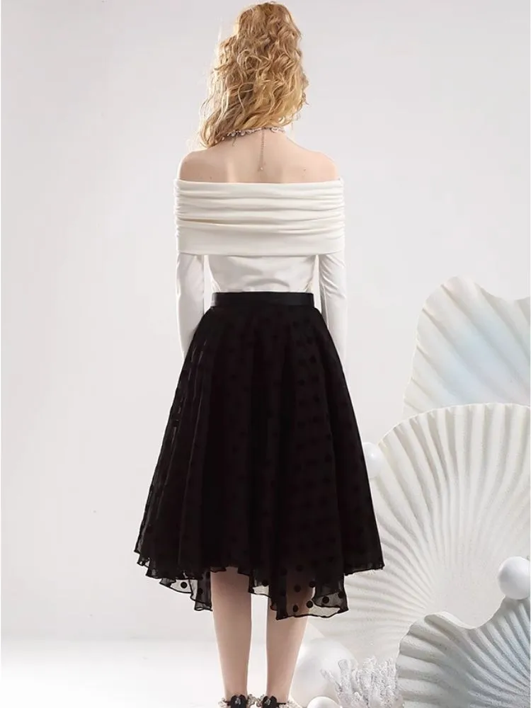 One shoulder white blouse flocking half skirt【s0000007295】