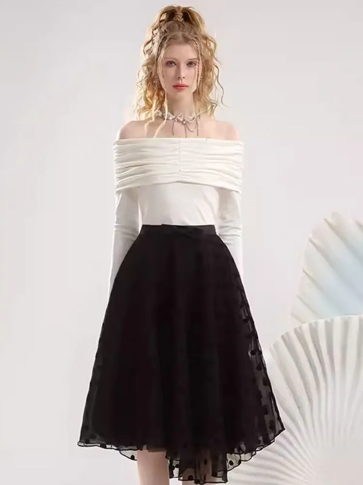 One shoulder white blouse flocking half skirt【s0000007295】