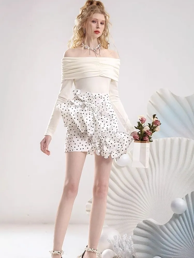 One shoulder white blouse flocking half skirt【s0000007295】