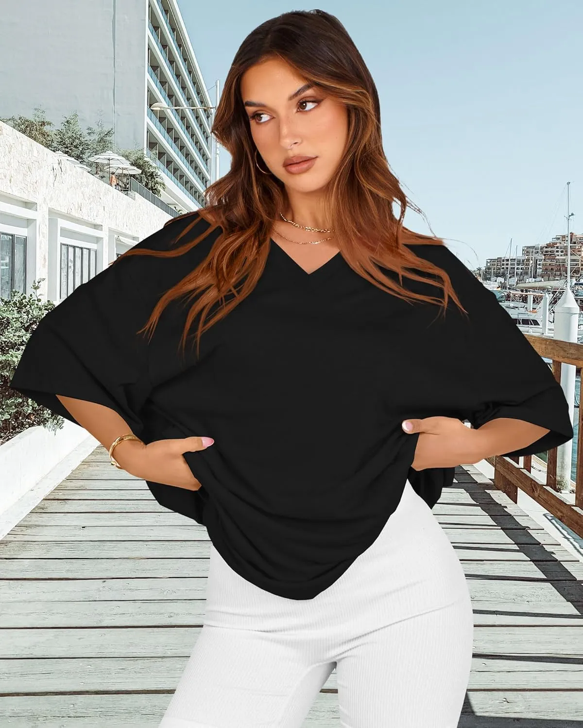 Oversized Tshirts for Women V Neck Short Sleeve Summer Casual Basic Loose Tops