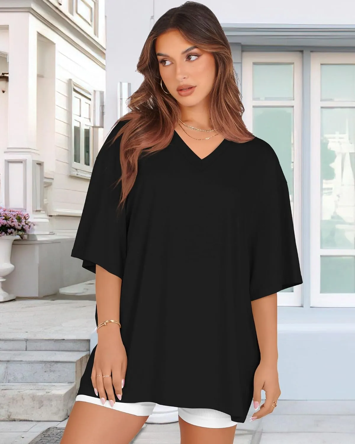 Oversized Tshirts for Women V Neck Short Sleeve Summer Casual Basic Loose Tops
