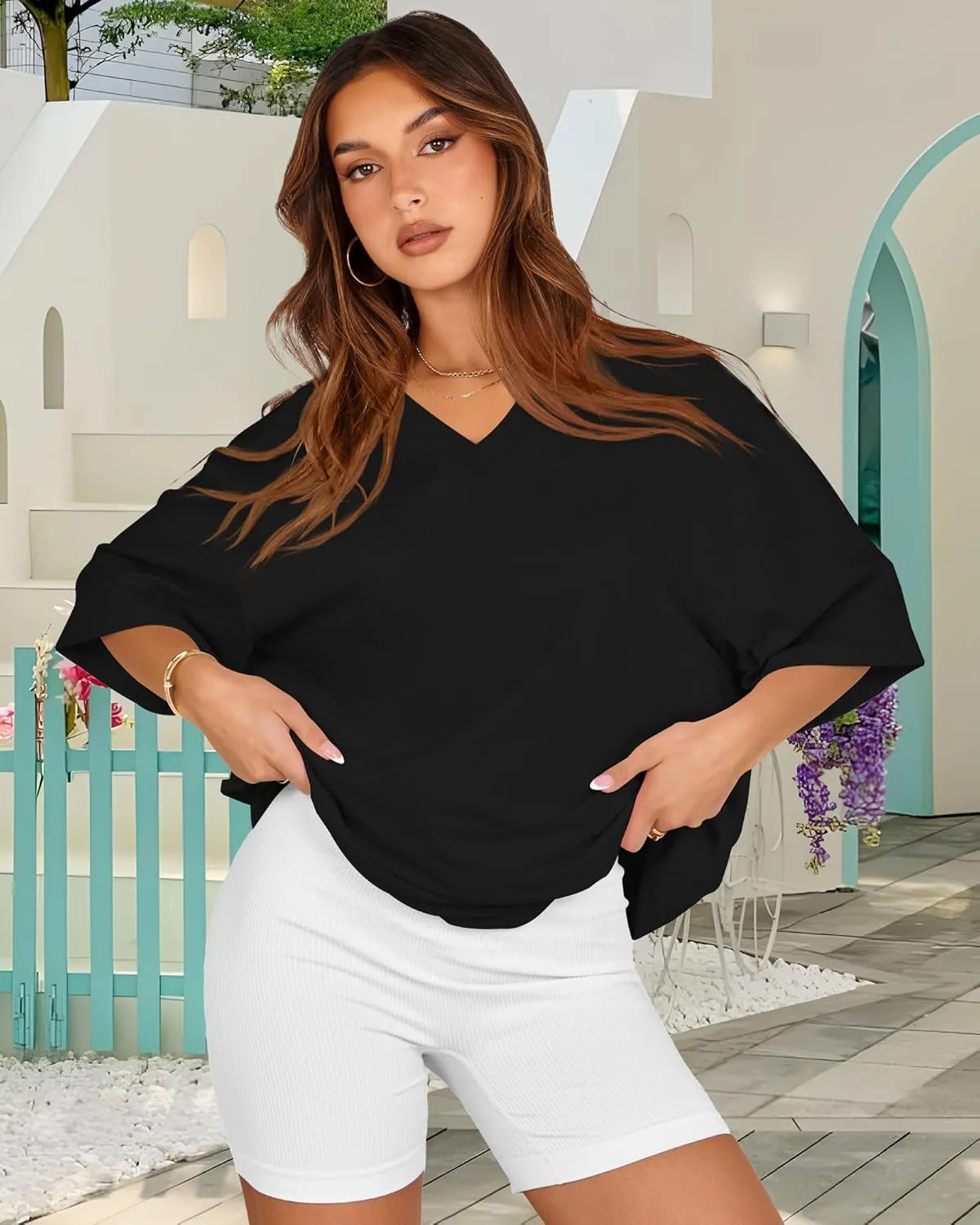 Oversized Tshirts for Women V Neck Short Sleeve Summer Casual Basic Loose Tops