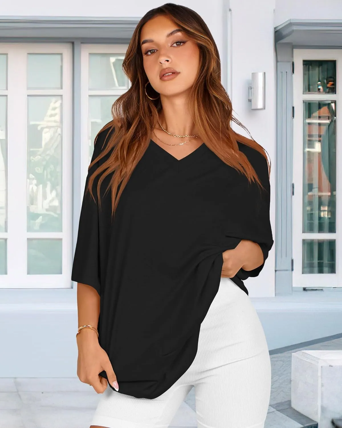 Oversized Tshirts for Women V Neck Short Sleeve Summer Casual Basic Loose Tops