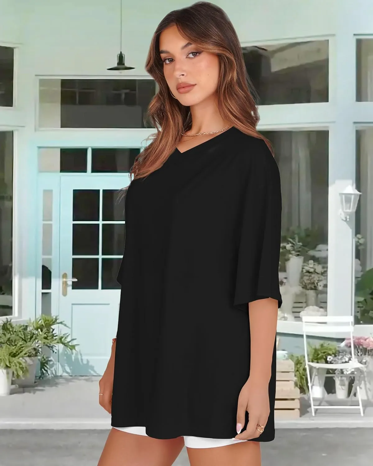 Oversized Tshirts for Women V Neck Short Sleeve Summer Casual Basic Loose Tops
