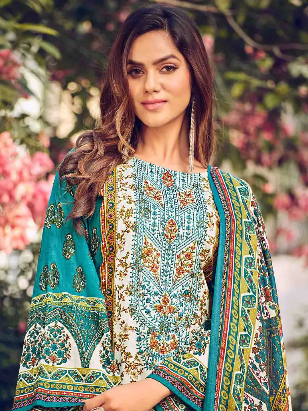 Pakistani Print Teal Unstitched Cotton Suit Material for Women