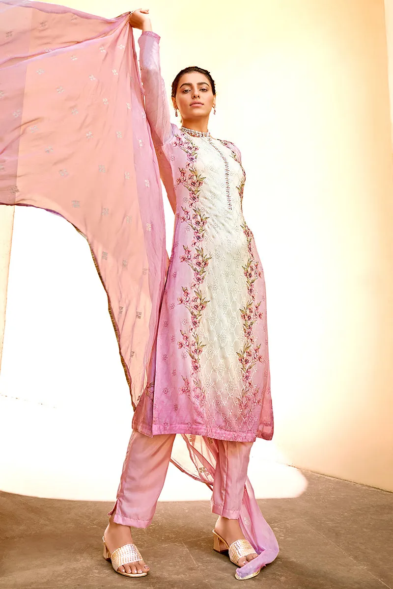 Pant Style Pink & Cream Embroidered Pure Viscose Suit