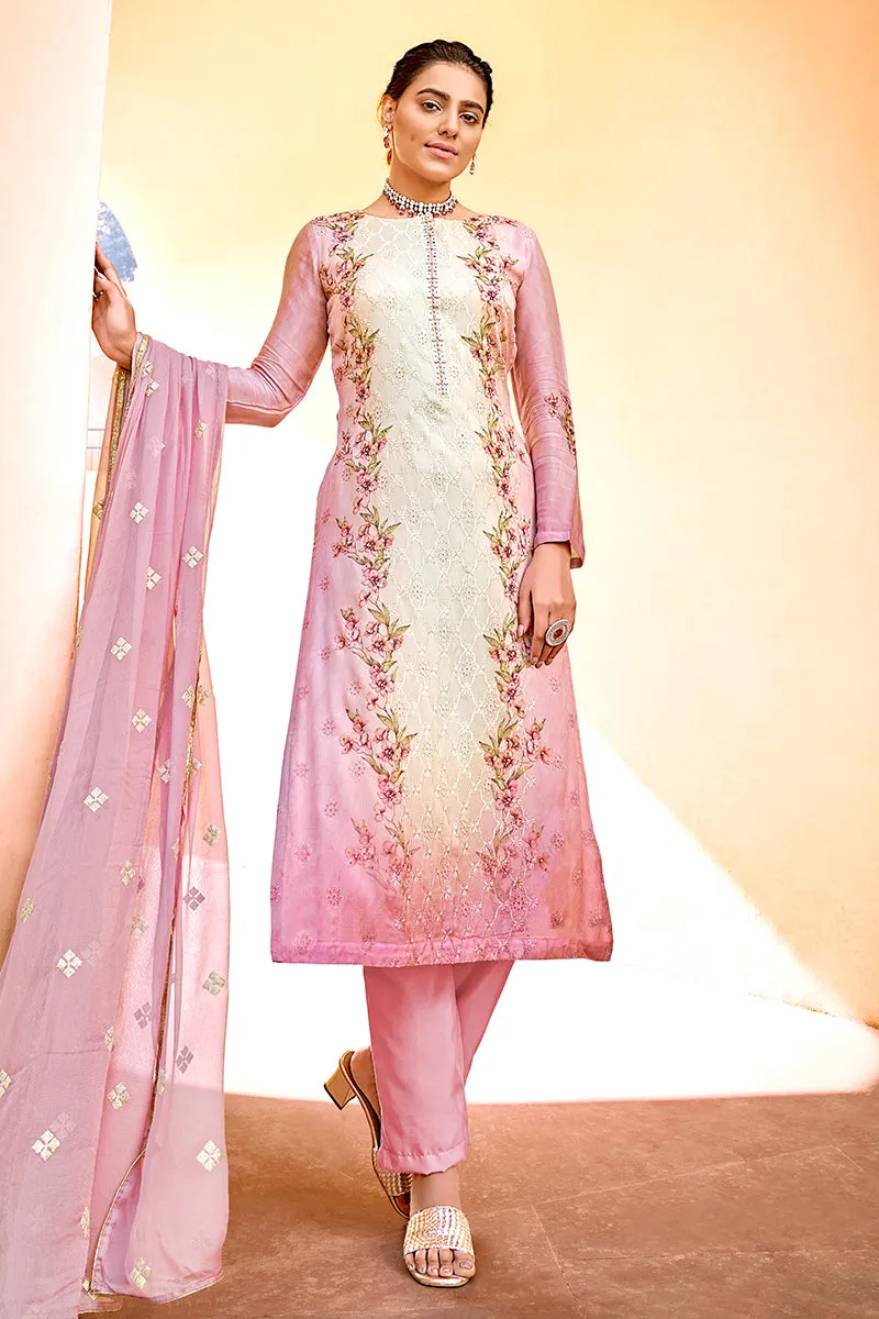 Pant Style Pink & Cream Embroidered Pure Viscose Suit
