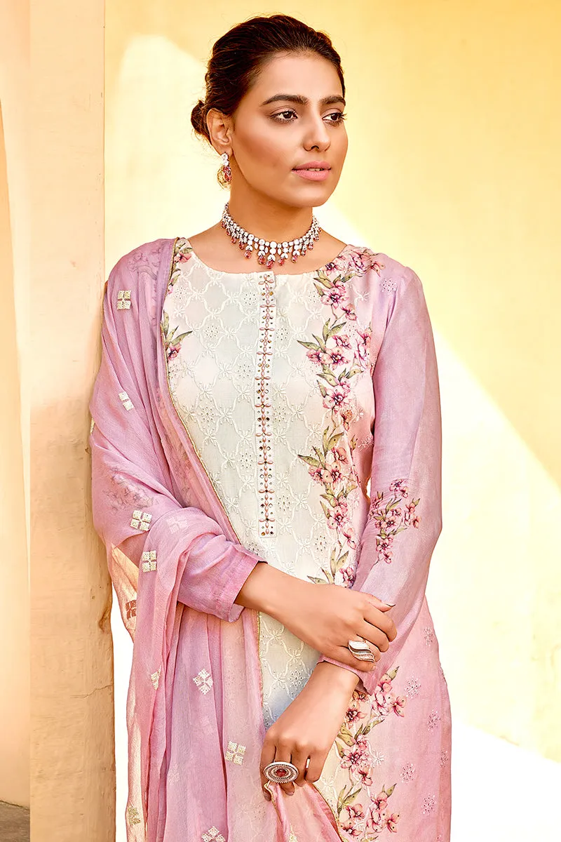 Pant Style Pink & Cream Embroidered Pure Viscose Suit