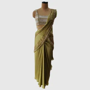Parrot Green Pre-draped Saree With Ivory Embellished Blouse