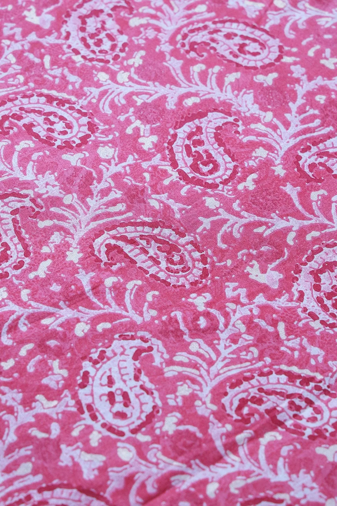 Pink Paisley Pattern With Foil Print On Pure Mul Cotton Fabric
