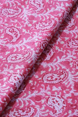 Pink Paisley Pattern With Foil Print On Pure Mul Cotton Fabric