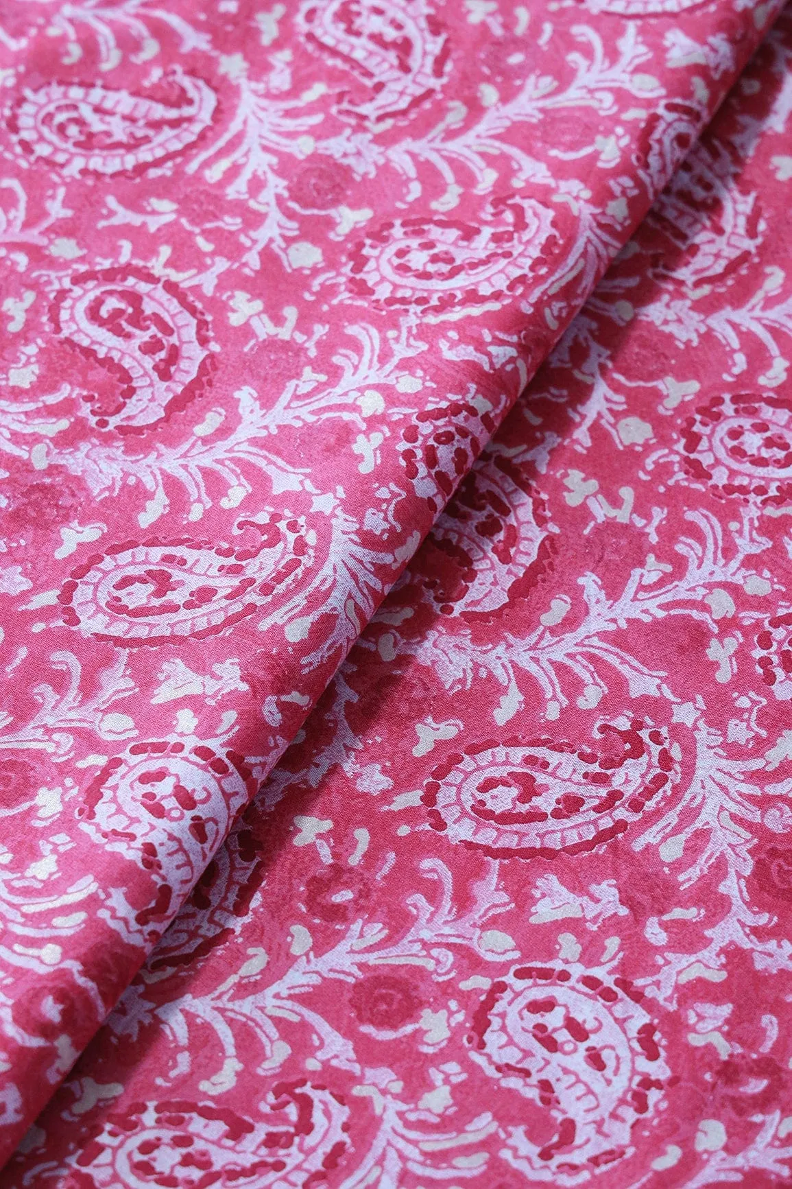 Pink Paisley Pattern With Foil Print On Pure Mul Cotton Fabric
