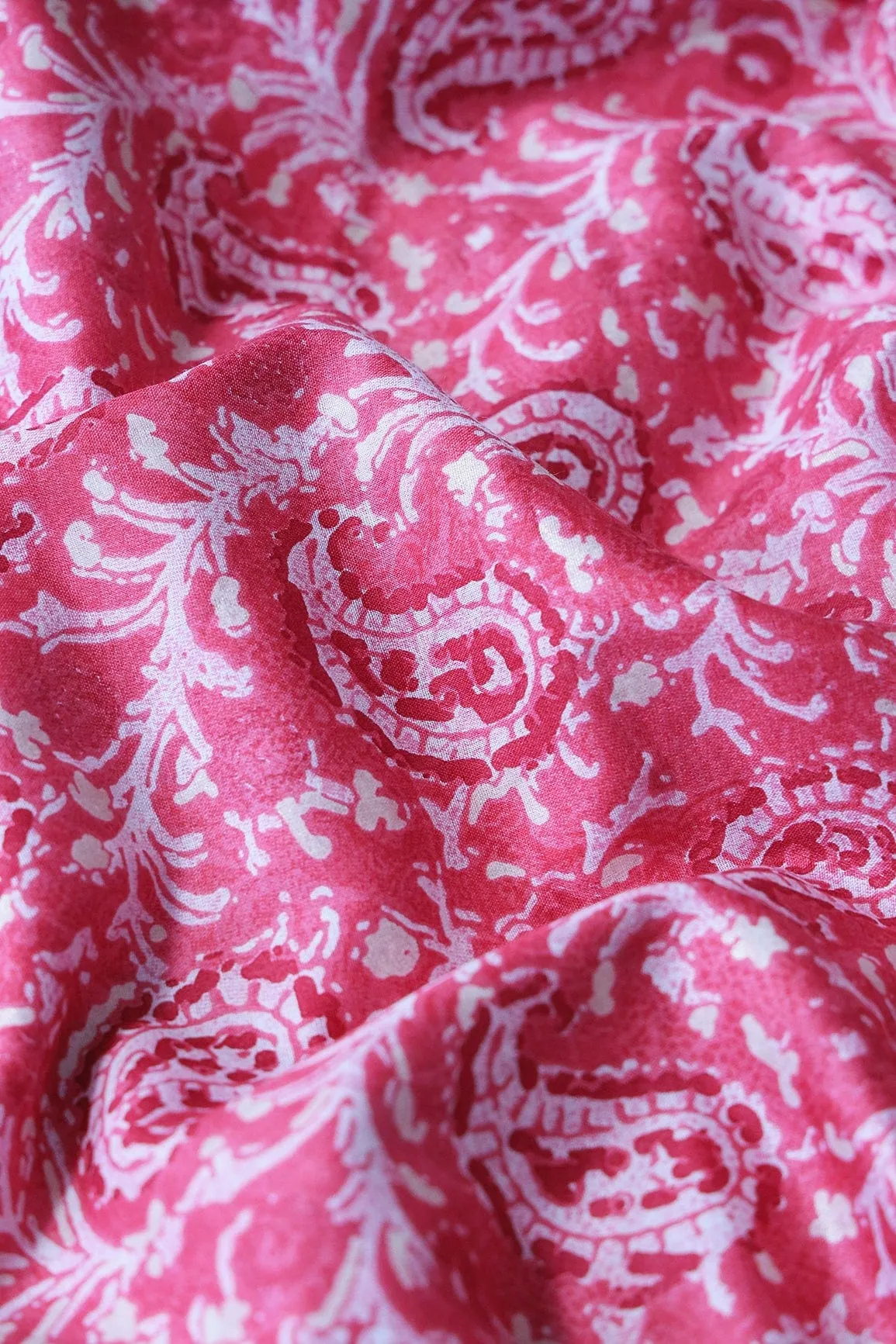 Pink Paisley Pattern With Foil Print On Pure Mul Cotton Fabric