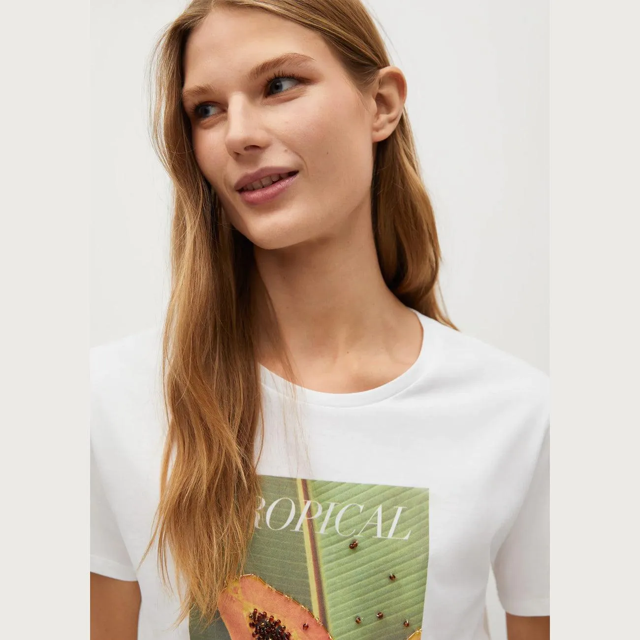 Premium Quality "Tropical" White Cotton Blend T-Shirt For Women (MN-11203)
