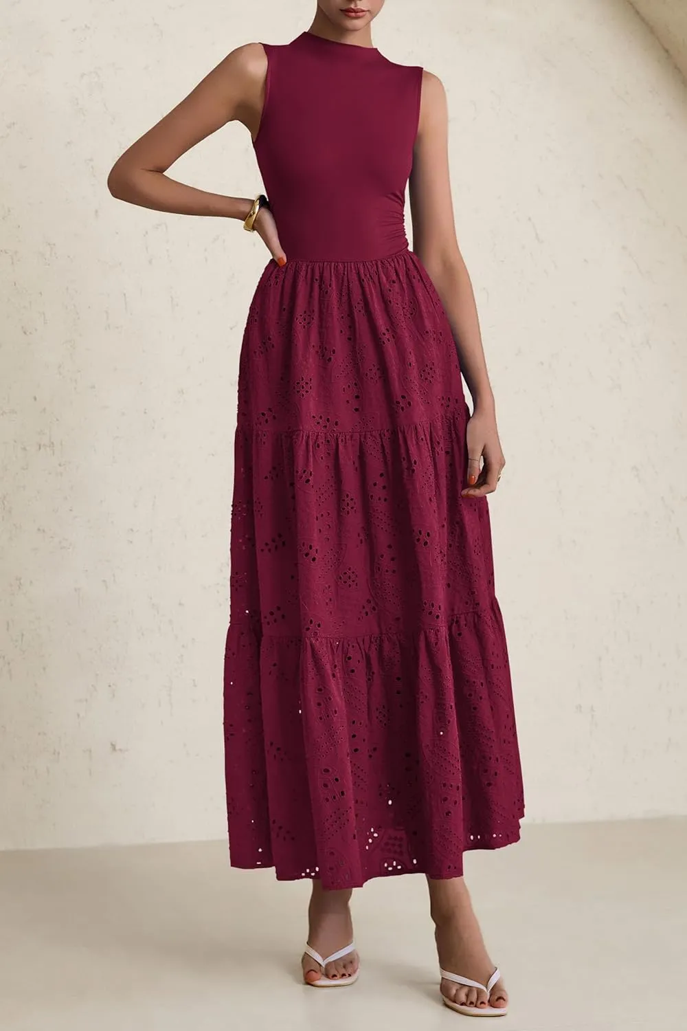 PRETTYGARDEN Summer Dresses for Women 2025 Casual Eyelet Sleeveless Wedding Guest Maxi Dress Tank Top Sundress with Pockets