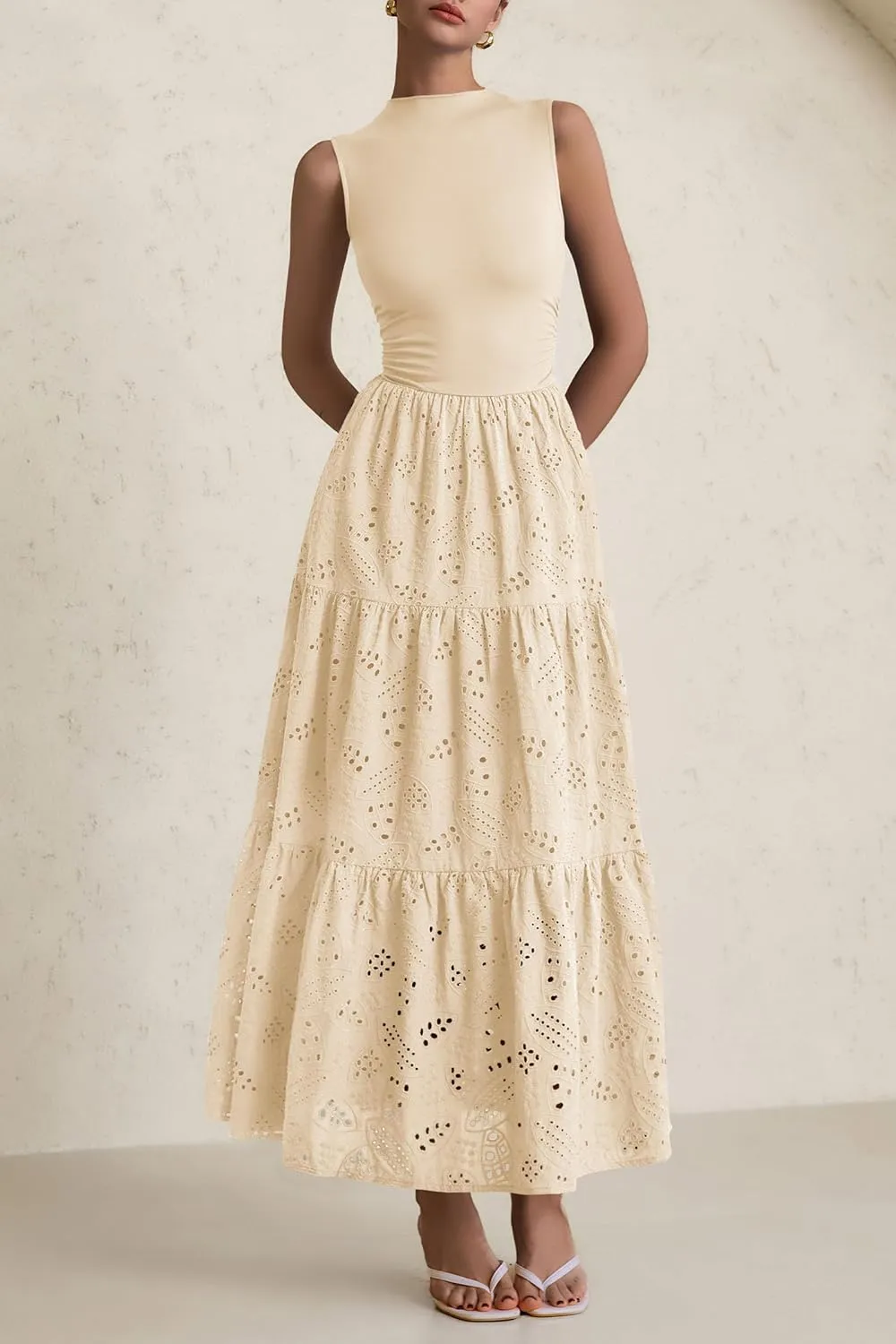 PRETTYGARDEN Summer Dresses for Women 2025 Casual Eyelet Sleeveless Wedding Guest Maxi Dress Tank Top Sundress with Pockets