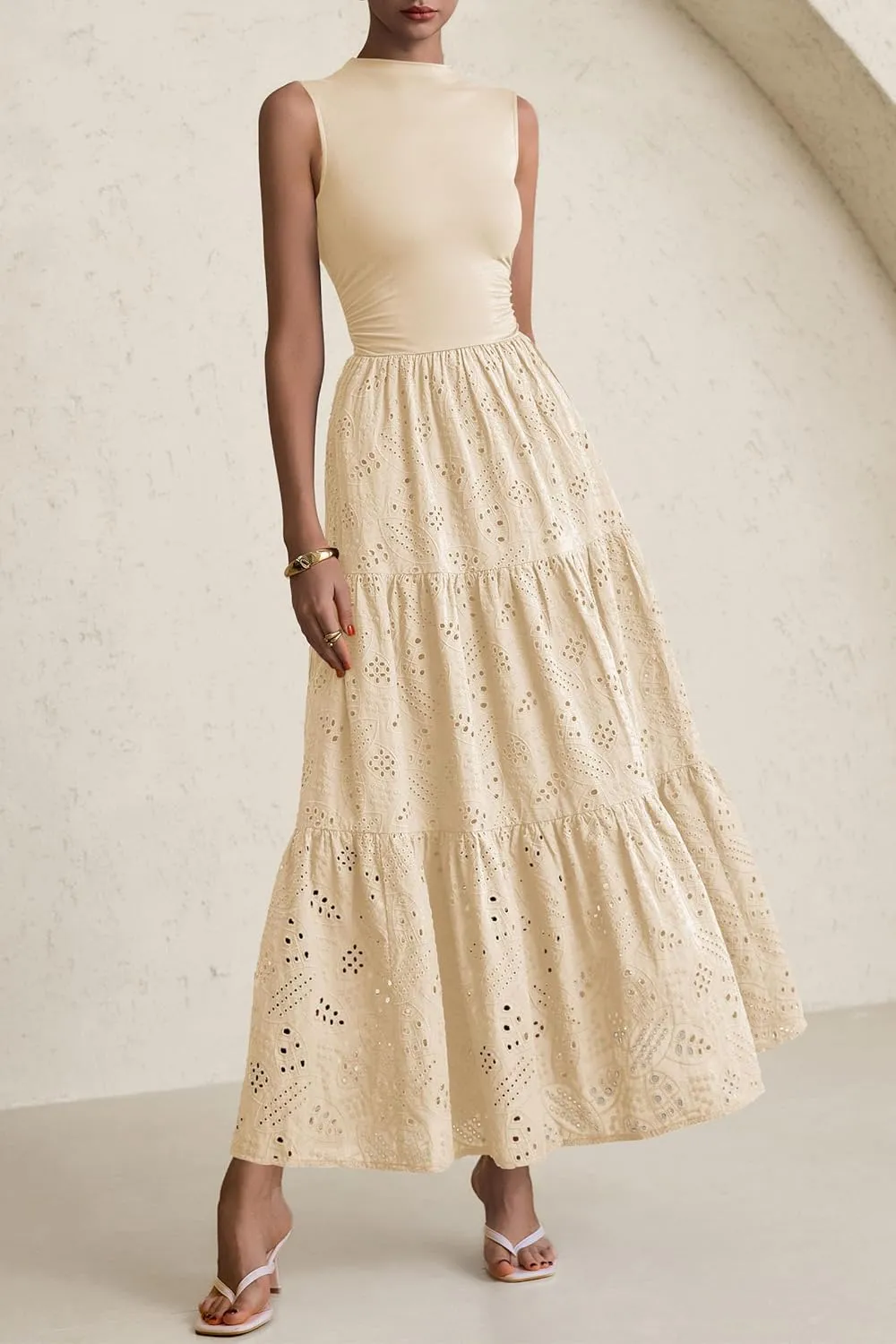 PRETTYGARDEN Summer Dresses for Women 2025 Casual Eyelet Sleeveless Wedding Guest Maxi Dress Tank Top Sundress with Pockets