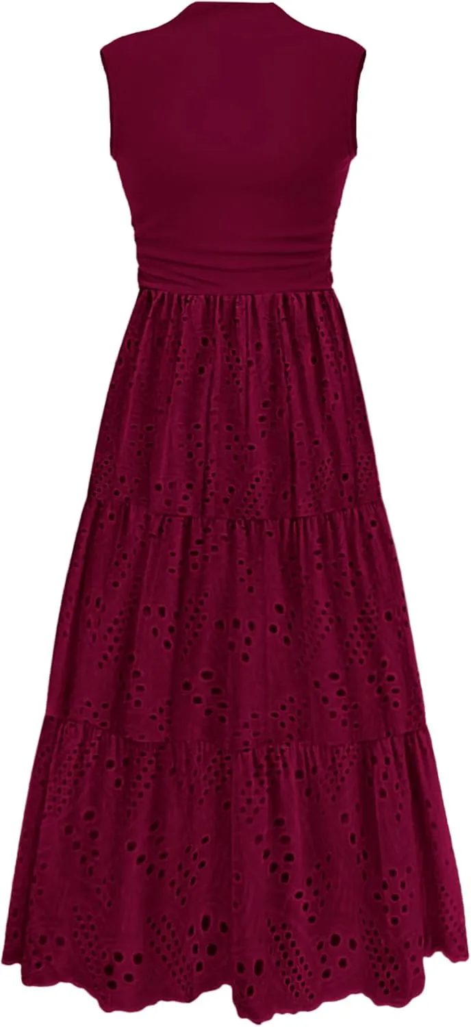 PRETTYGARDEN Summer Dresses for Women 2025 Casual Eyelet Sleeveless Wedding Guest Maxi Dress Tank Top Sundress with Pockets