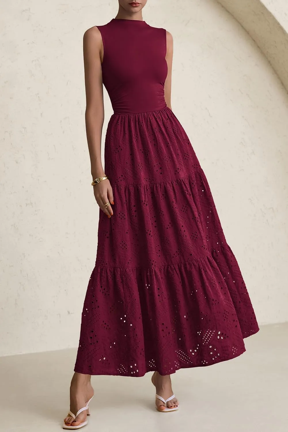 PRETTYGARDEN Summer Dresses for Women 2025 Casual Eyelet Sleeveless Wedding Guest Maxi Dress Tank Top Sundress with Pockets