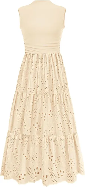 PRETTYGARDEN Summer Dresses for Women 2025 Casual Eyelet Sleeveless Wedding Guest Maxi Dress Tank Top Sundress with Pockets