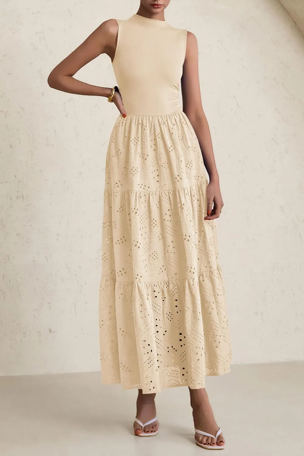 PRETTYGARDEN Summer Dresses for Women 2025 Casual Eyelet Sleeveless Wedding Guest Maxi Dress Tank Top Sundress with Pockets