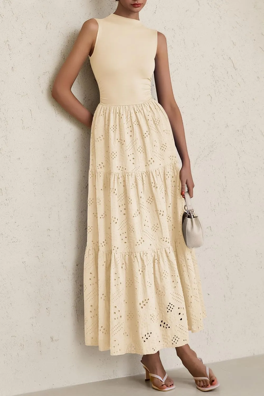 PRETTYGARDEN Summer Dresses for Women 2025 Casual Eyelet Sleeveless Wedding Guest Maxi Dress Tank Top Sundress with Pockets