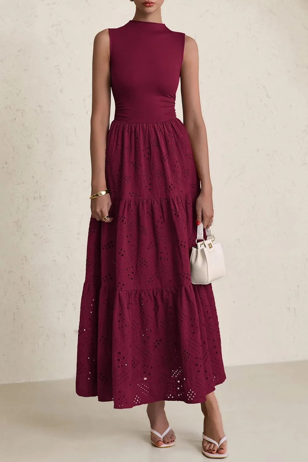 PRETTYGARDEN Summer Dresses for Women 2025 Casual Eyelet Sleeveless Wedding Guest Maxi Dress Tank Top Sundress with Pockets