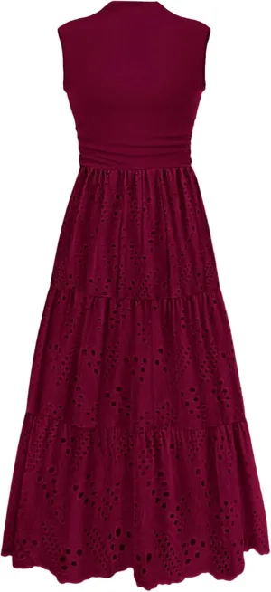 PRETTYGARDEN Summer Dresses for Women 2025 Casual Eyelet Sleeveless Wedding Guest Maxi Dress Tank Top Sundress with Pockets