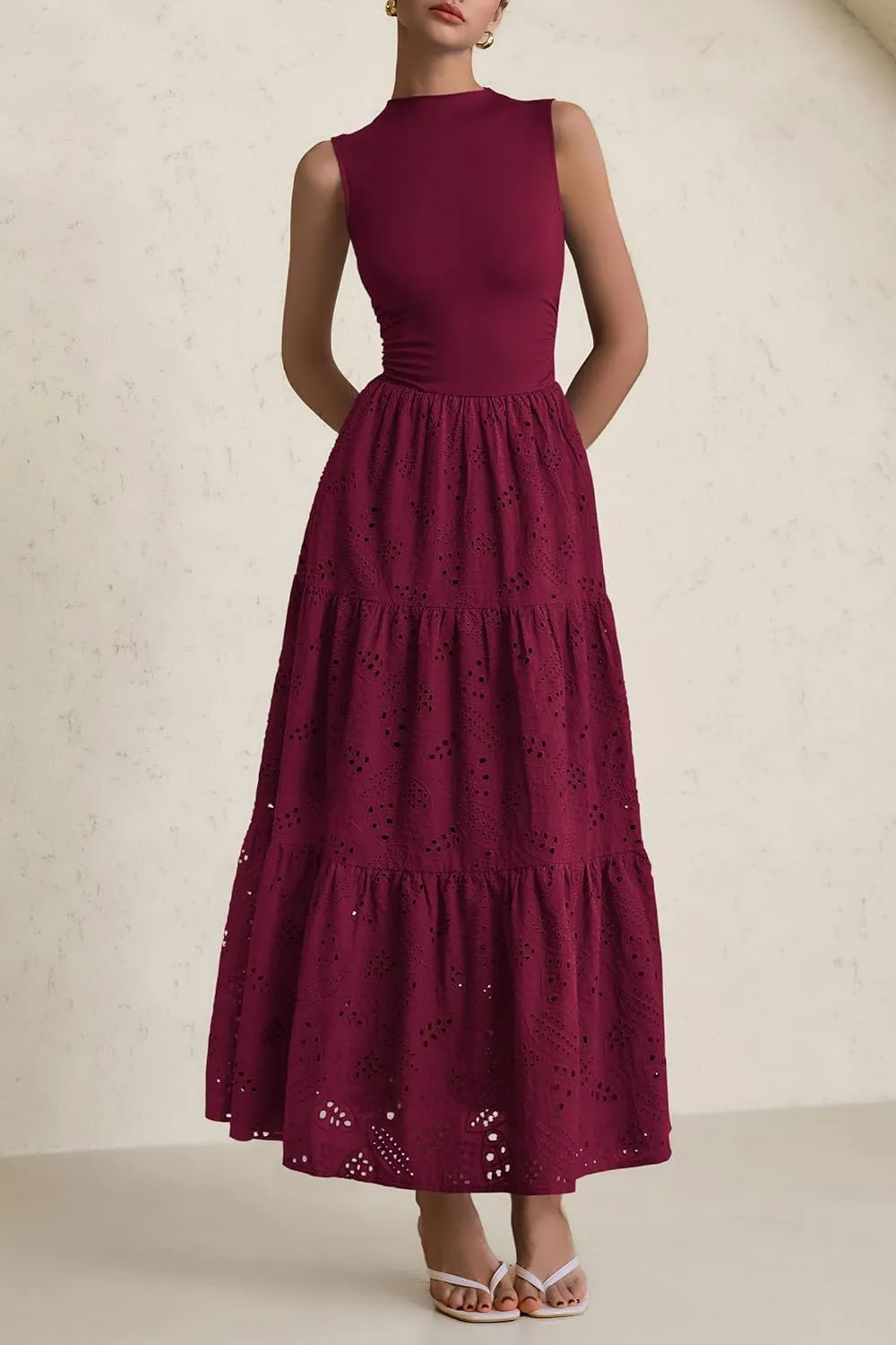 PRETTYGARDEN Summer Dresses for Women 2025 Casual Eyelet Sleeveless Wedding Guest Maxi Dress Tank Top Sundress with Pockets