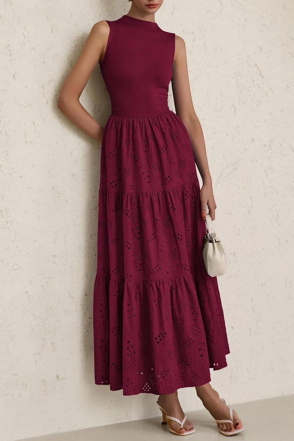 PRETTYGARDEN Summer Dresses for Women 2025 Casual Eyelet Sleeveless Wedding Guest Maxi Dress Tank Top Sundress with Pockets