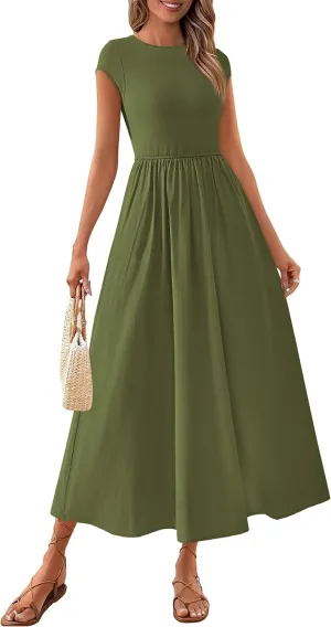 PRETTYGARDEN Women's 2025 Summer Casual Long Dresses Cap Sleeve Patchwork A Line Flowy Modest Elegant Homecoming Maxi Dress