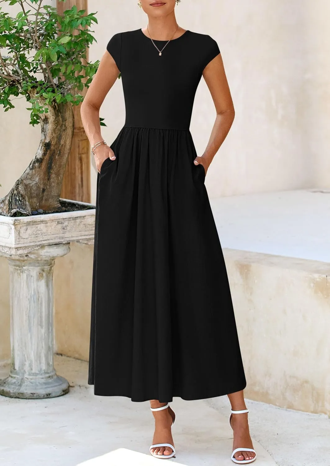 PRETTYGARDEN Women's 2025 Summer Casual Long Dresses Cap Sleeve Patchwork A Line Flowy Modest Elegant Homecoming Maxi Dress