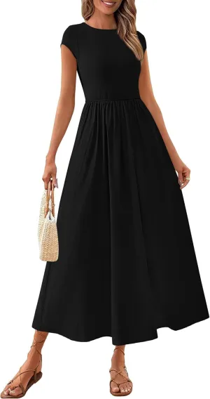 PRETTYGARDEN Women's 2025 Summer Casual Long Dresses Cap Sleeve Patchwork A Line Flowy Modest Elegant Homecoming Maxi Dress