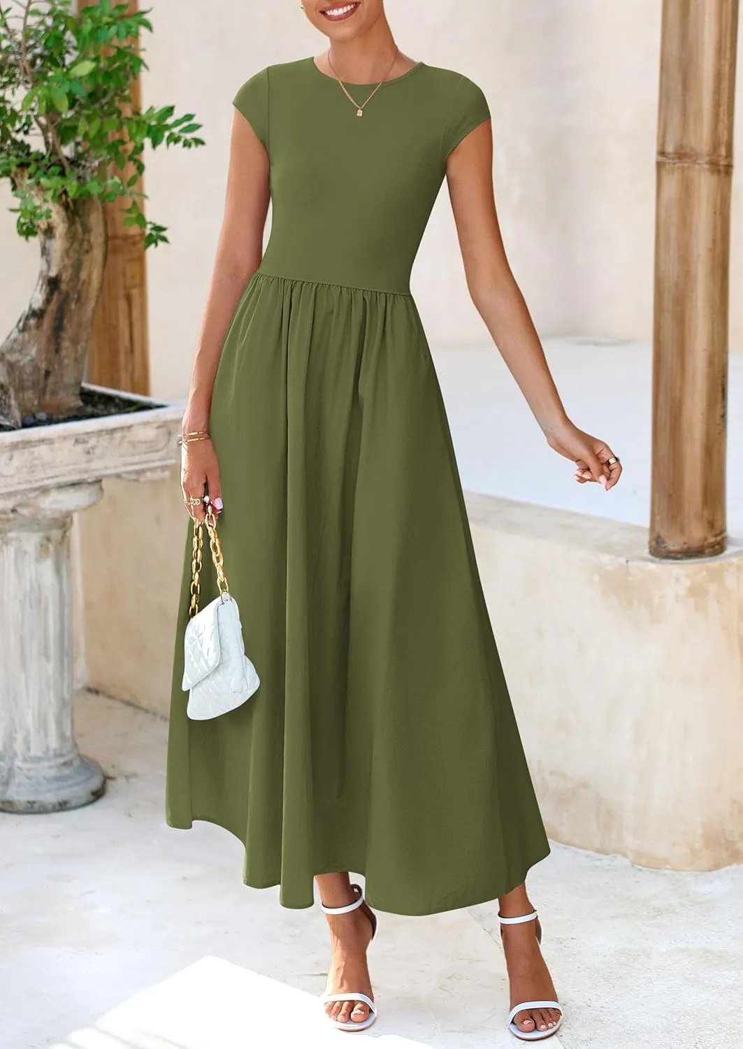 PRETTYGARDEN Women's 2025 Summer Casual Long Dresses Cap Sleeve Patchwork A Line Flowy Modest Elegant Homecoming Maxi Dress