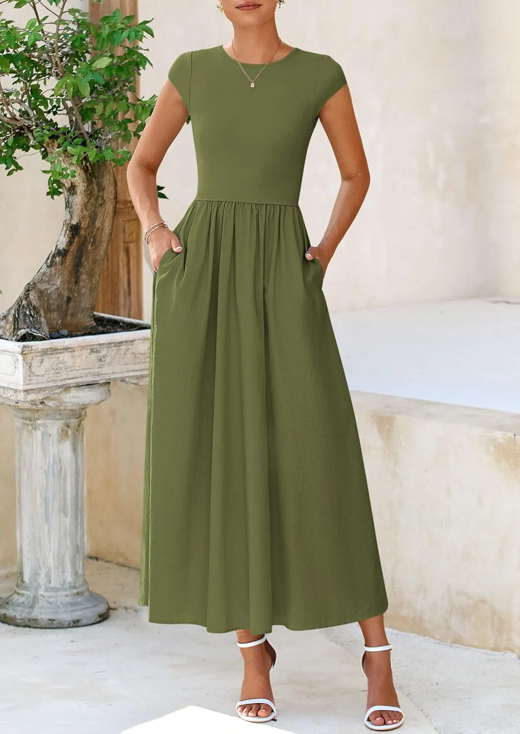 PRETTYGARDEN Women's 2025 Summer Casual Long Dresses Cap Sleeve Patchwork A Line Flowy Modest Elegant Homecoming Maxi Dress