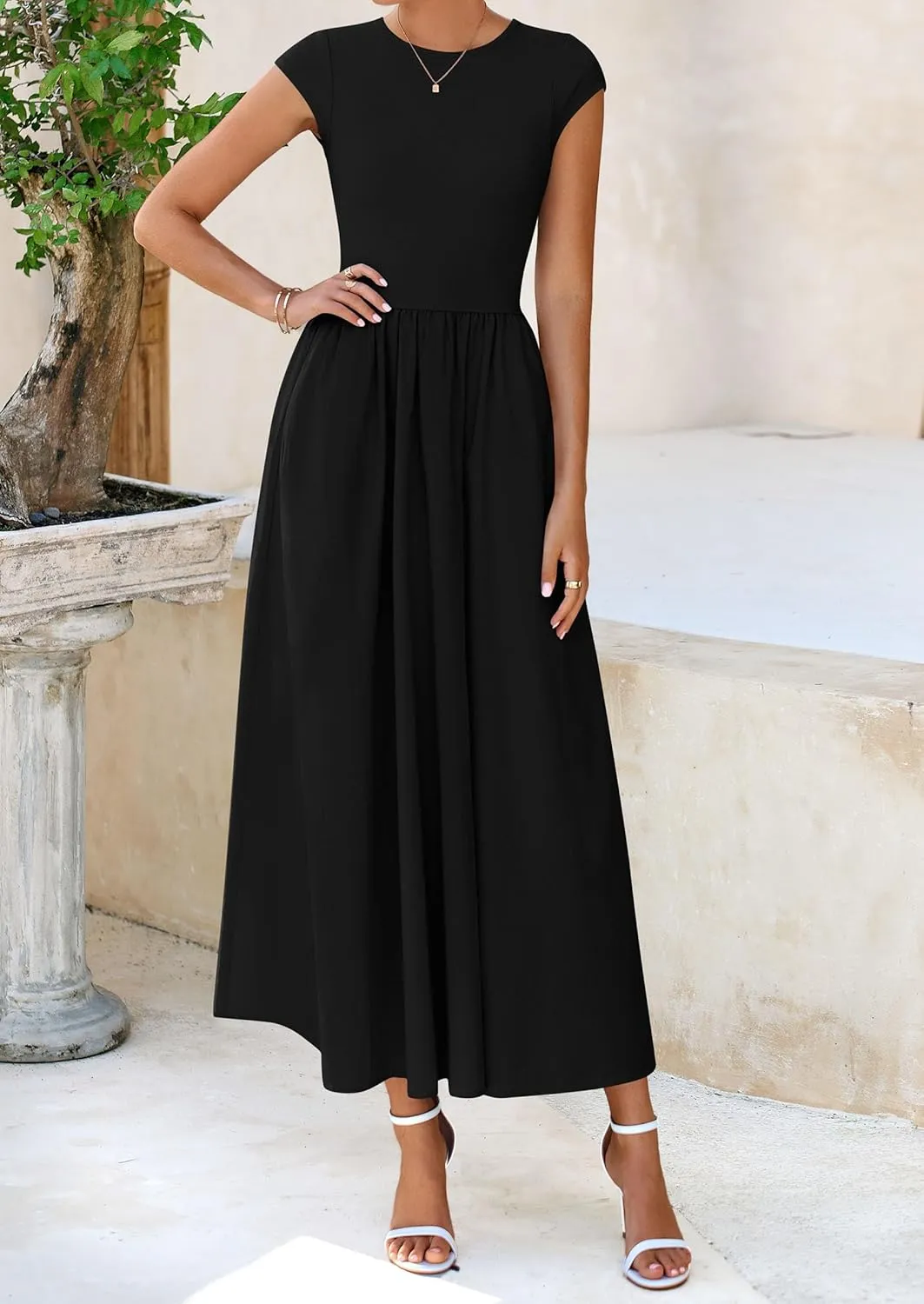 PRETTYGARDEN Women's 2025 Summer Casual Long Dresses Cap Sleeve Patchwork A Line Flowy Modest Elegant Homecoming Maxi Dress