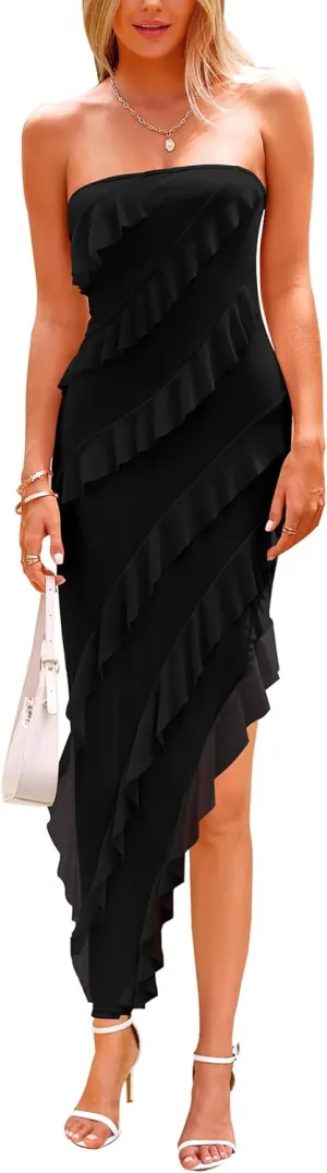 PRETTYGARDEN Womens Summer Maxi Dresses 2025 Strapless Tube Ruffle Asymmetrical Bodycon Party Cocktail Formal Long Dress