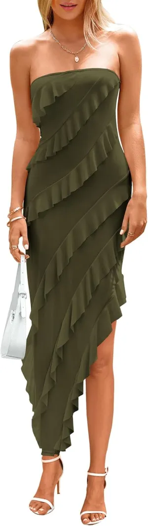 PRETTYGARDEN Womens Summer Maxi Dresses 2025 Strapless Tube Ruffle Asymmetrical Bodycon Party Cocktail Formal Long Dress
