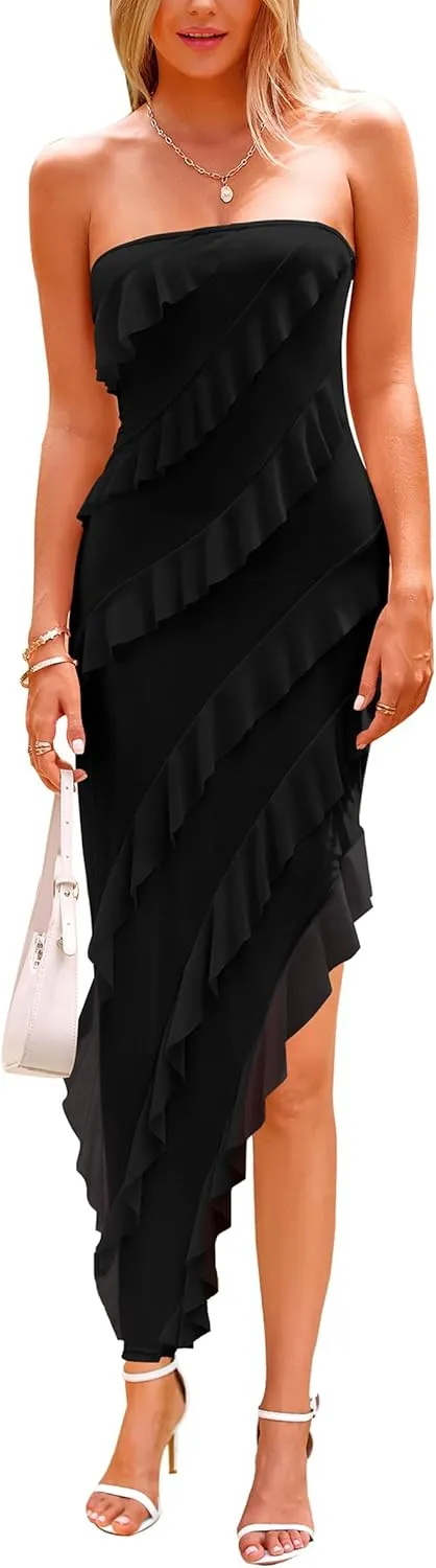 PRETTYGARDEN Womens Summer Maxi Dresses 2025 Strapless Tube Ruffle Asymmetrical Bodycon Party Cocktail Formal Long Dress