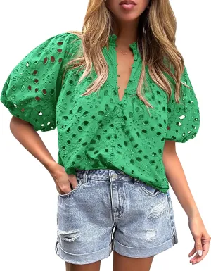 PRETTYGARDEN Women's Summer Short Sleeve Tops 2025 Dressy Casual Buttons V Neck Hollow Out Lace Embroidered Blouses Shirts