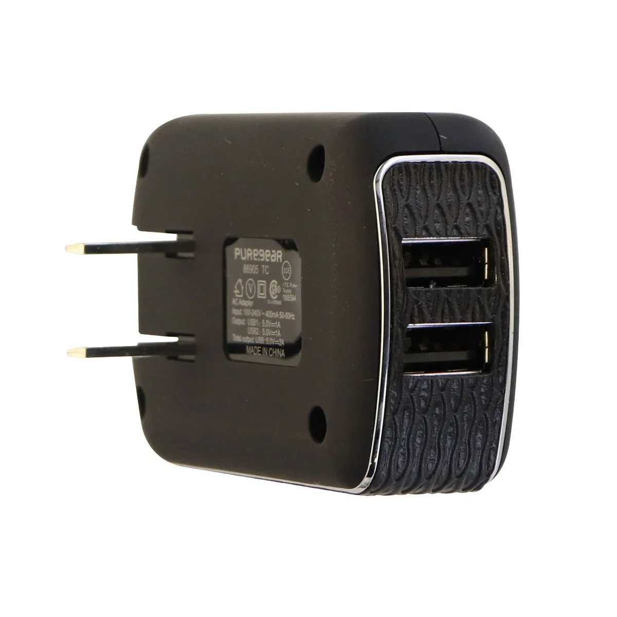 PureGear Universal 2A Dual USB Port Wall Charging Adapter Folding Prong - Black